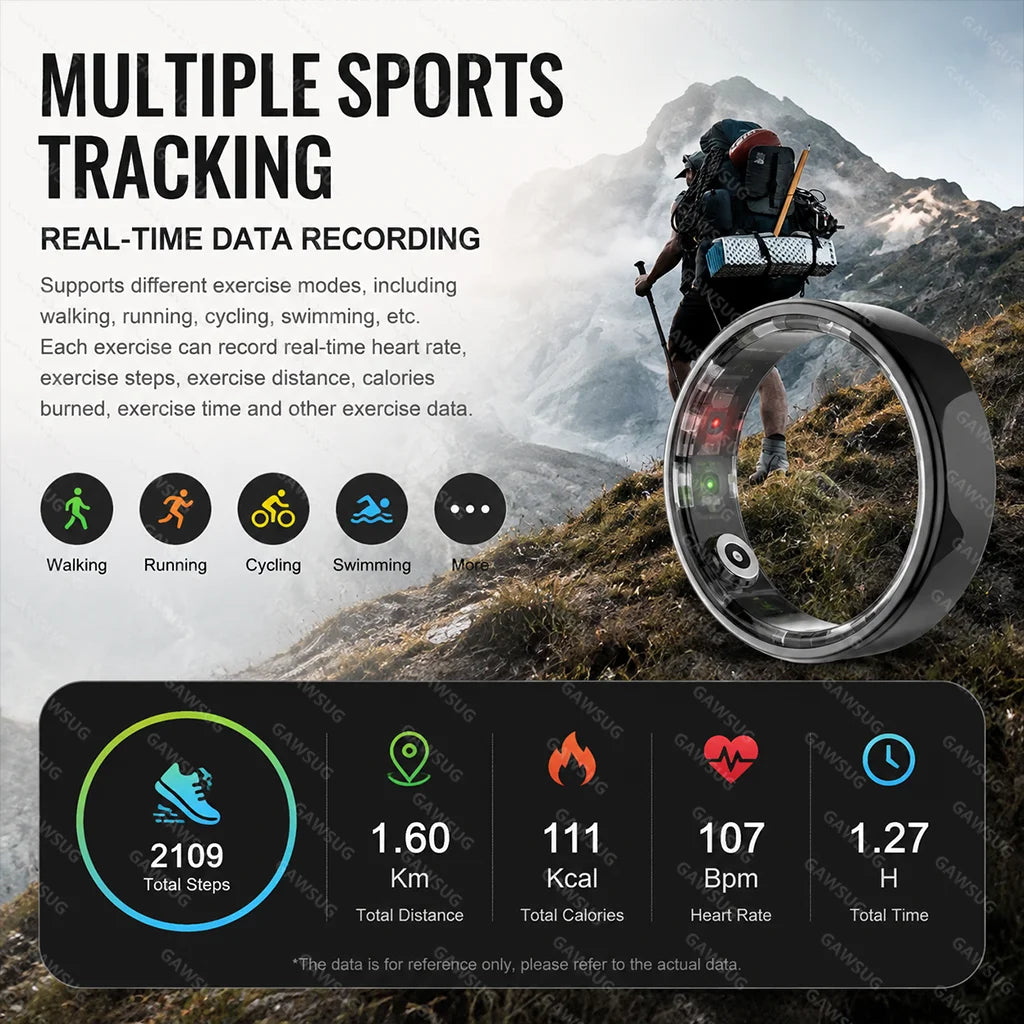 Black smart health ring with multiple sports tracking interface preview