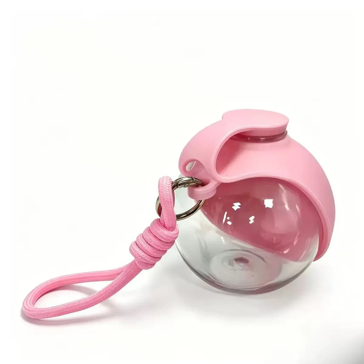 Portable pet water bottle with foldable bowl, pink bottle with pink wrist strap