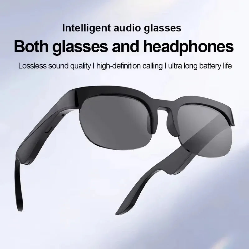 Black smart audio glasses, front view with dark tinted lenses