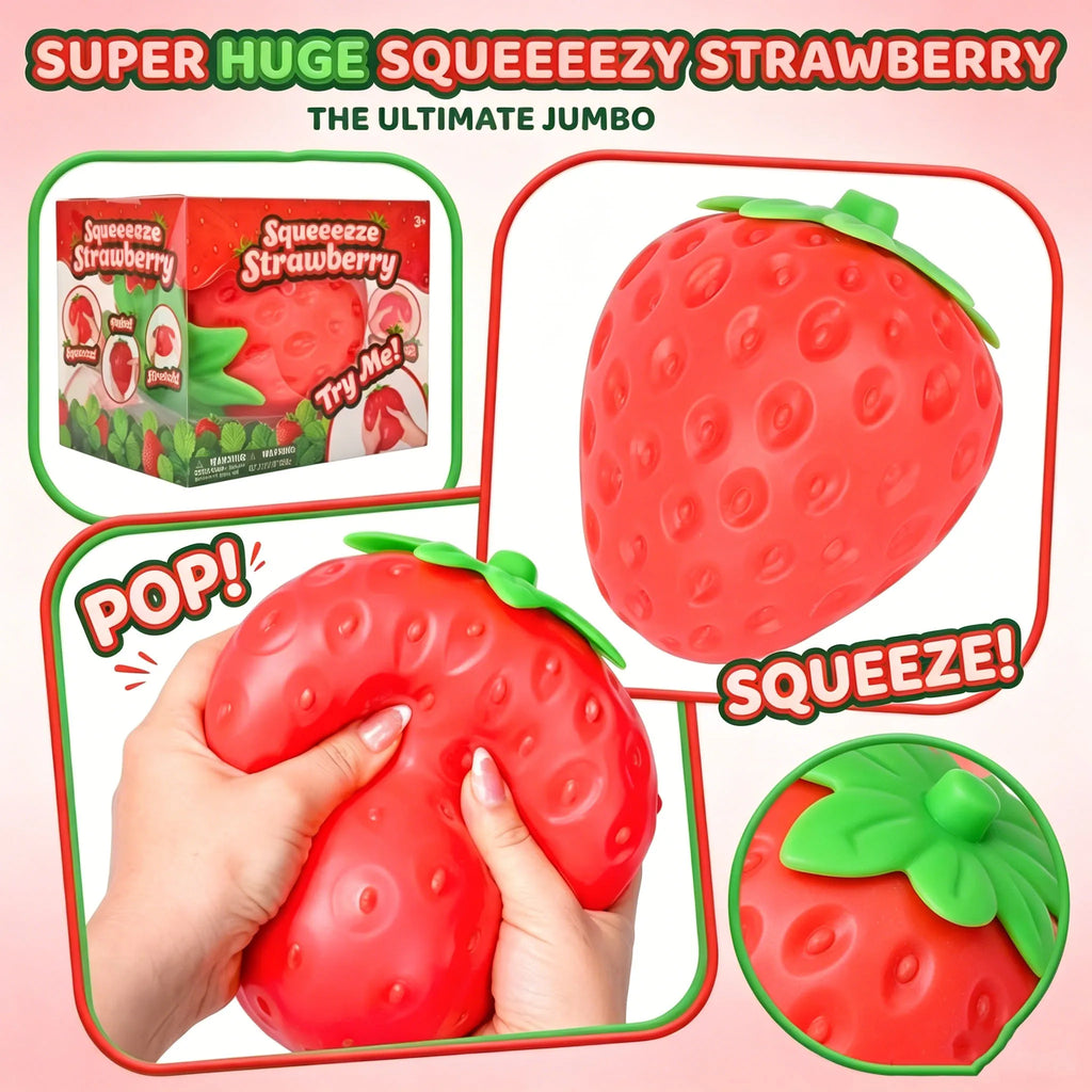 Super jumbo red strawberry squishy stress ball with green leafy top, bumpy textured surface