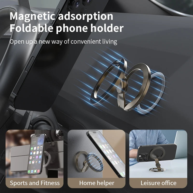 Silver magnetic foldable phone holder with ring stand and angled support