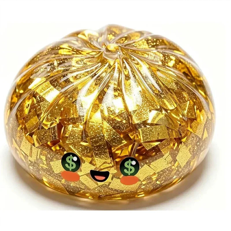 Gold glitter steamed-bun stress ball with smiling face and dollar-sign eyes, round squishy