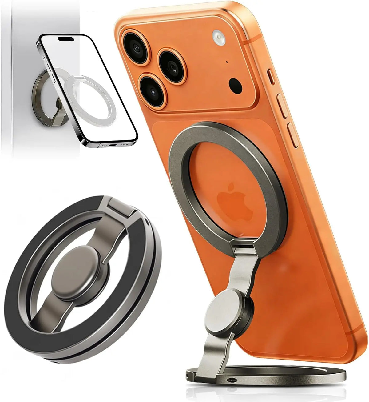 Silver magnetic rotating gyroscope phone holder with circular rotating ring stand