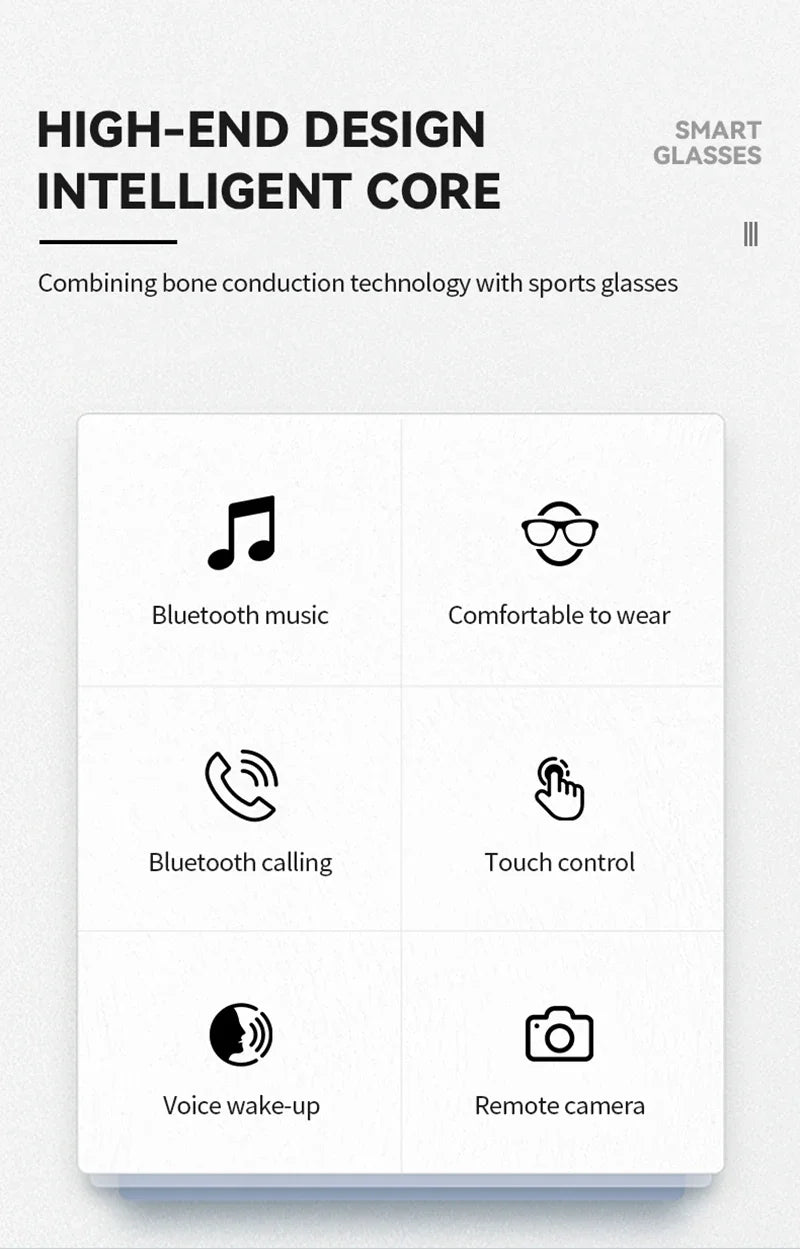 Smart audio glasses retail box with Bluetooth, call, touch control and camera icons