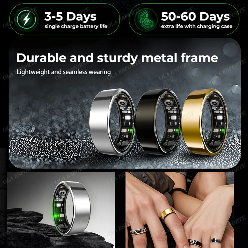 Smart health ring set with metal band in silver, black, and gold finishes