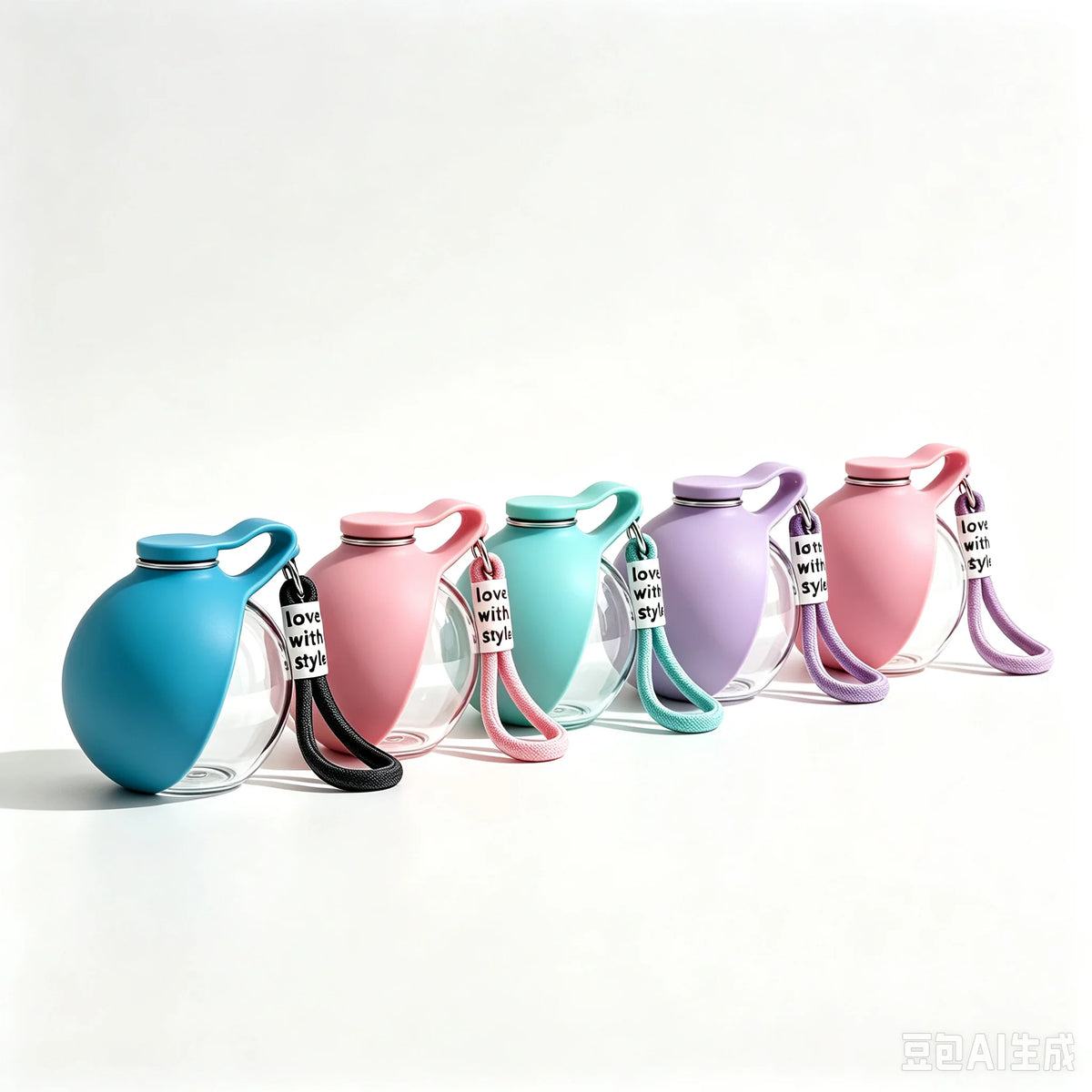 Portable pet water bottles with bowls: teal, pink, mint, and purple.