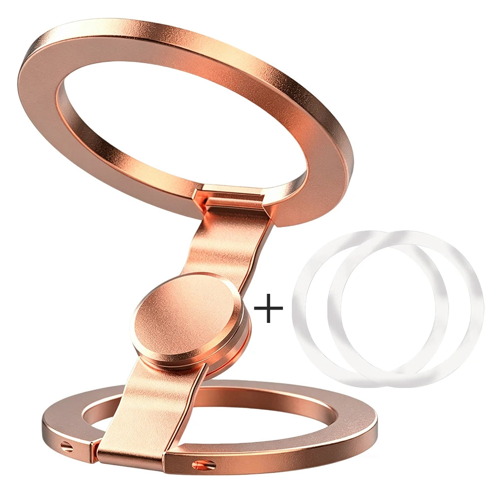 Rose gold magnetic phone ring holder with two adhesive suction pads, fold-out stand