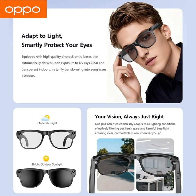 Black photochromic smart glasses with oversized dark lenses on a person
