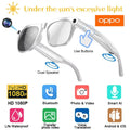 Smart AI camera glasses with clear frame, built-in camera, and dark tinted lenses