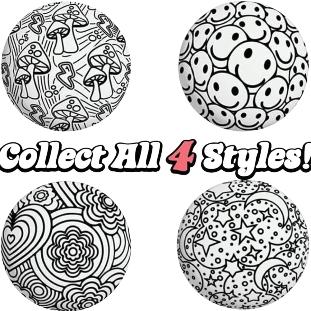 Collage of four black-and-white patterned press-and-squeeze stress balls