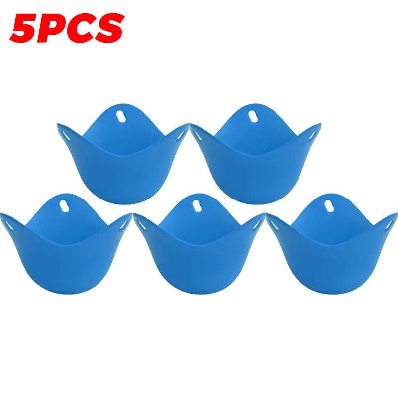 Five blue silicone egg poacher cups set for poaching eggs.