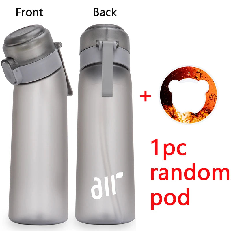 Leak-proof air water bottle with straw, light gray, front and back views