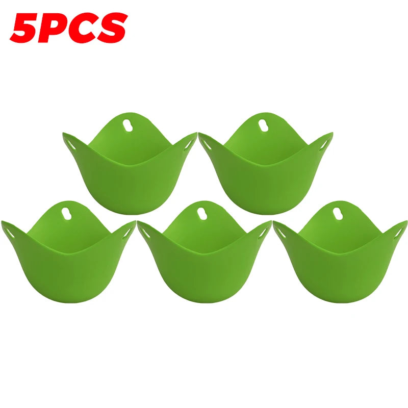 Green silicone egg poacher cup set of five with center holes for cooking eggs