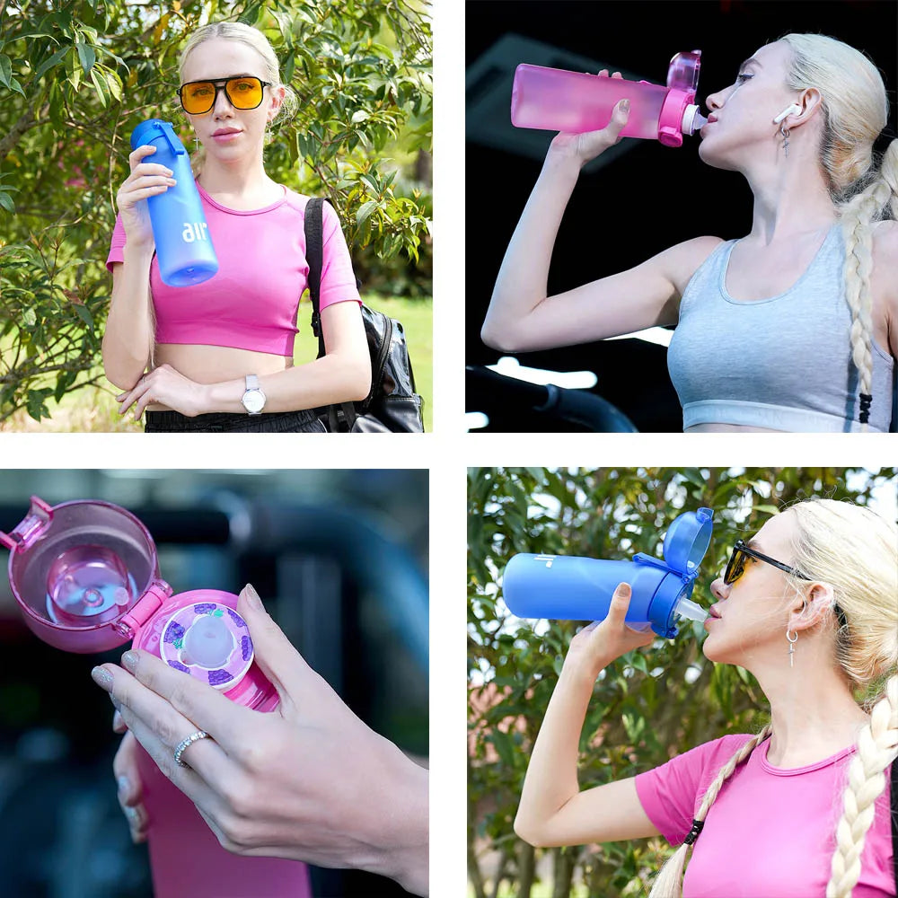 Pink and blue air water bottles with straws and flip-top lids for infused water