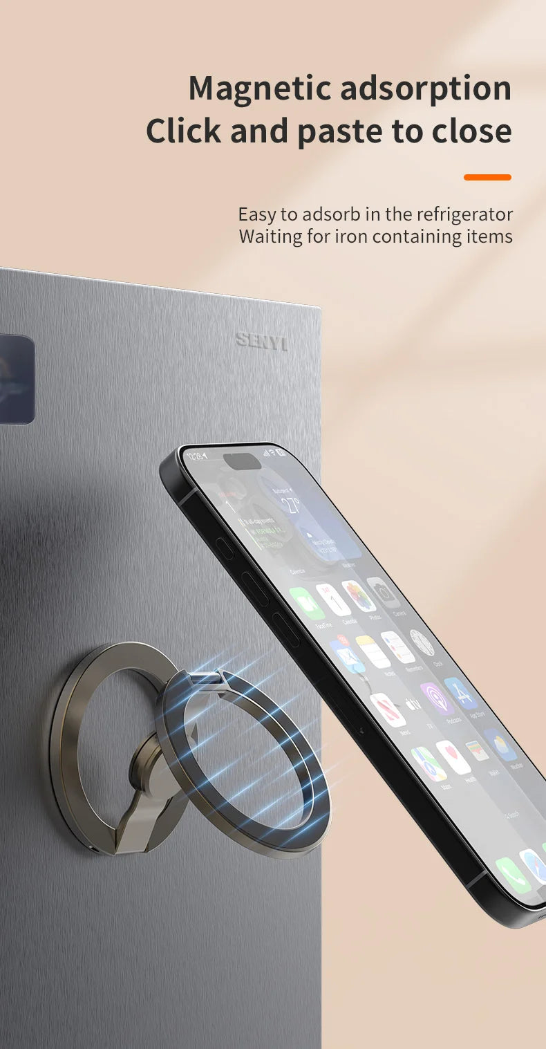 Magnetic phone stand for refrigerator or wall mounting, holding a smartphone