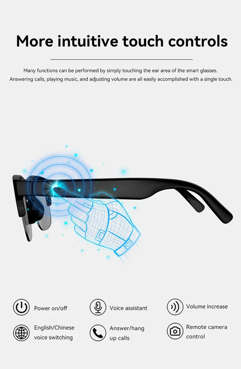 Smart AI sunglasses with touch controls, black frames with dark lenses and call icons.
