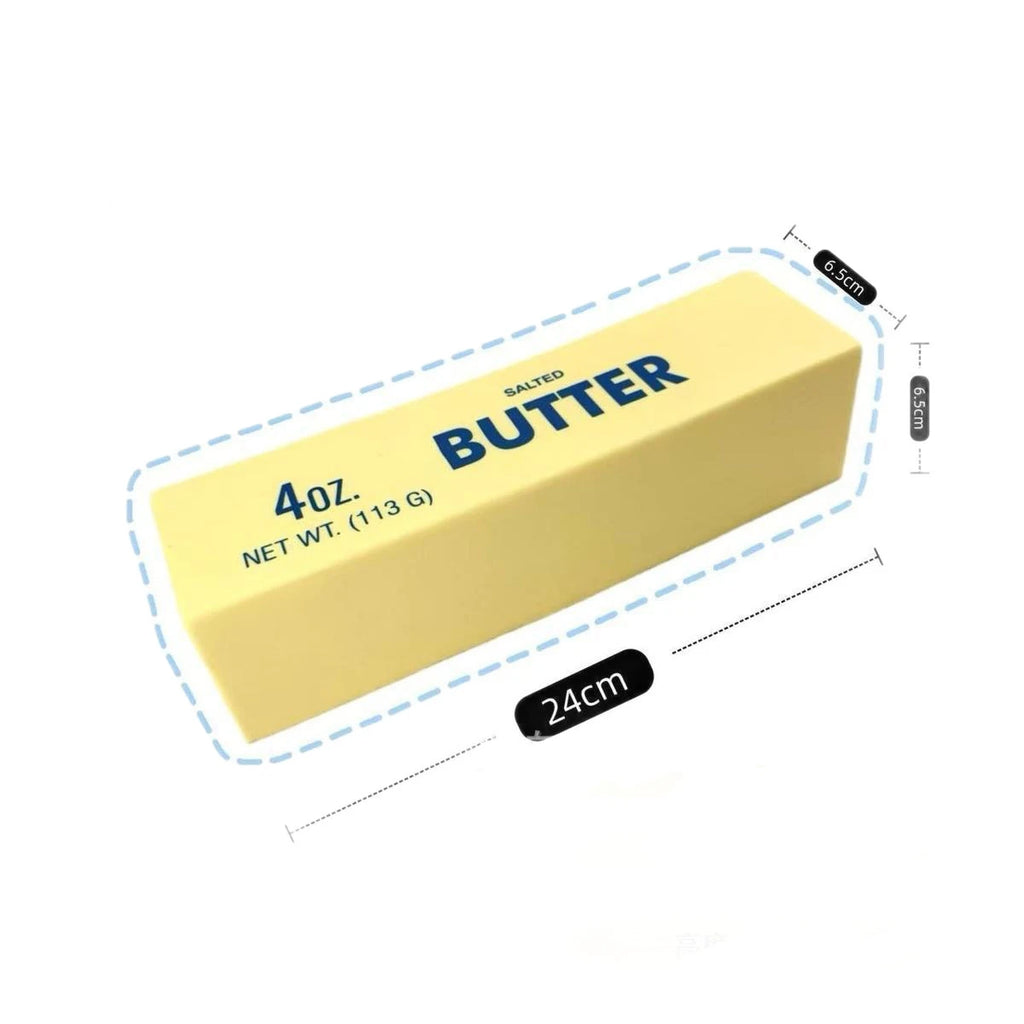 Yellow salted butter stick squishy fidget toy on white background with dimensions