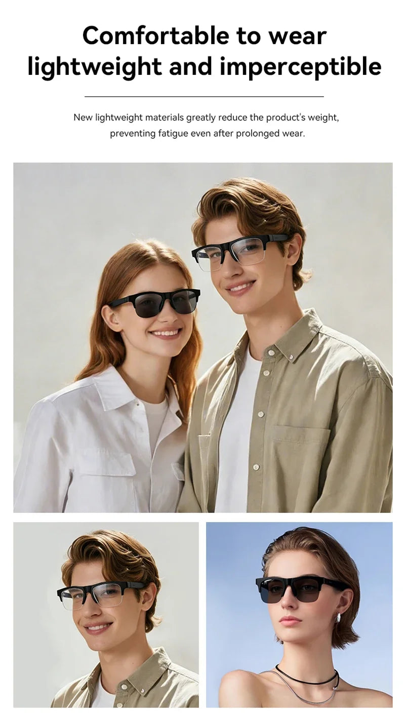 Comfort-fit smart AI glasses on two people, black frames with dark lenses and clear arms.