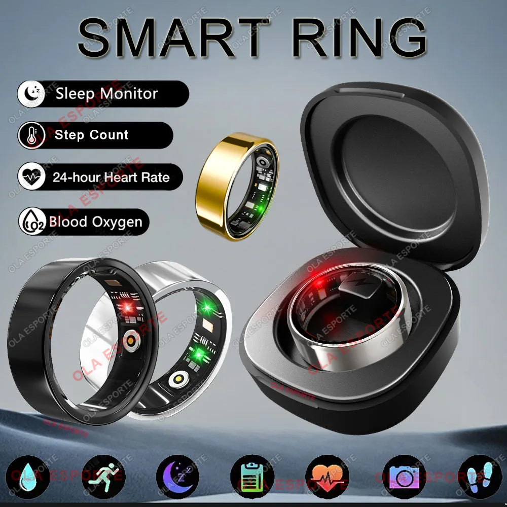 Smart health tracking ring in black wireless charging case with glowing sensor lights