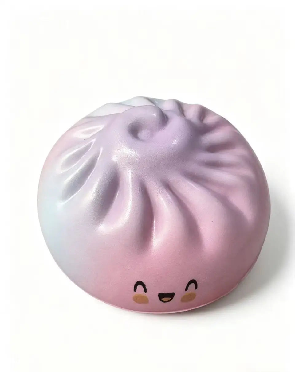 Pastel dumpling squishy toy with ribbed top and closed-eye smile, lavender tone.