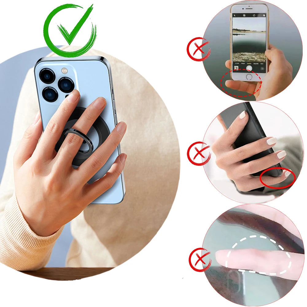 Black magnetic suction phone ring holder attached to phone back