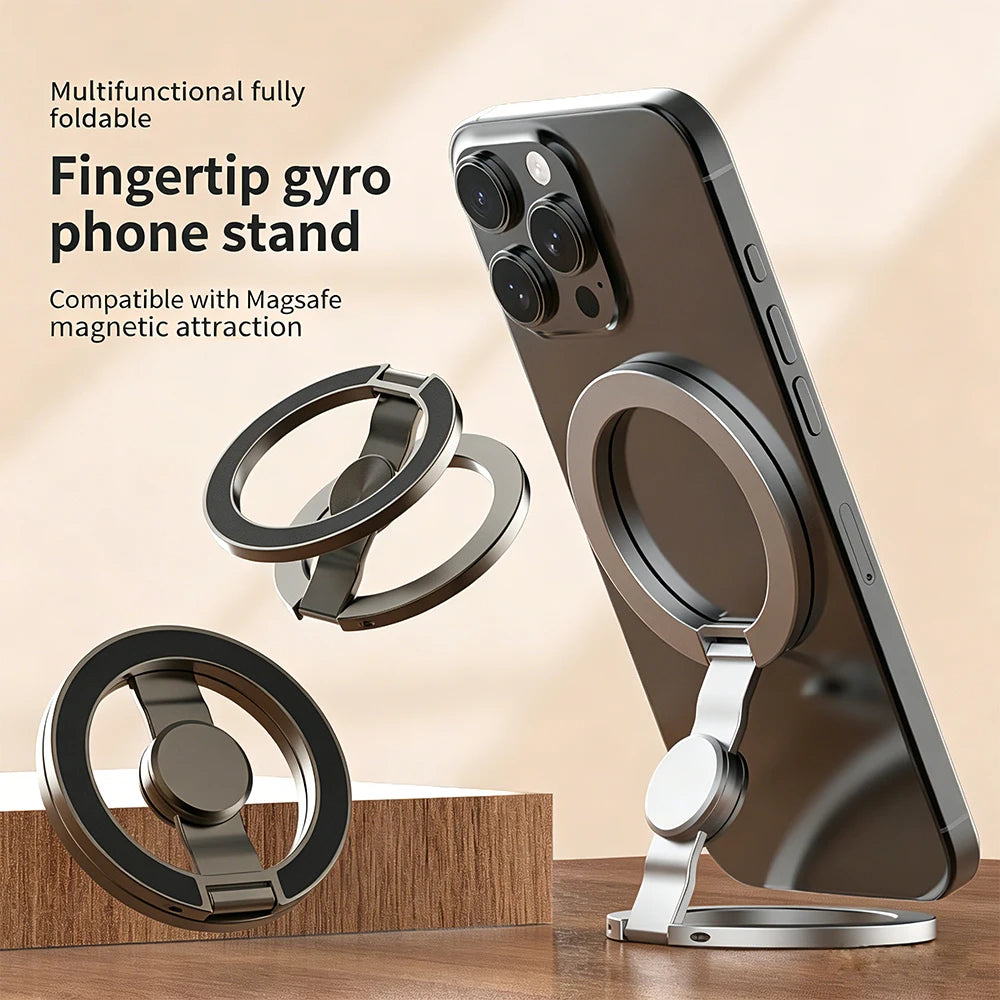 Magnetic ring phone holder with silver two-piece base, 360° rotatable circular stand