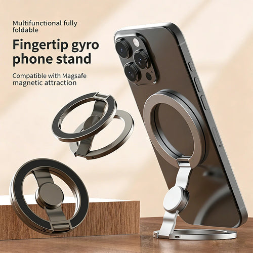 Magnetic ring phone holder with silver two-piece base, 360° rotatable circular stand