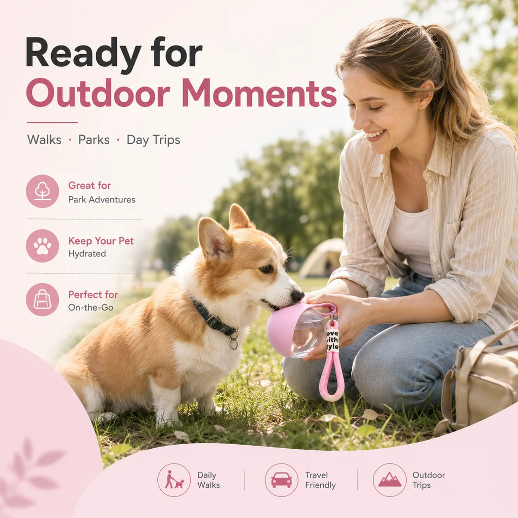 Portable pink pet water bottle with strap in use outdoors with a small dog