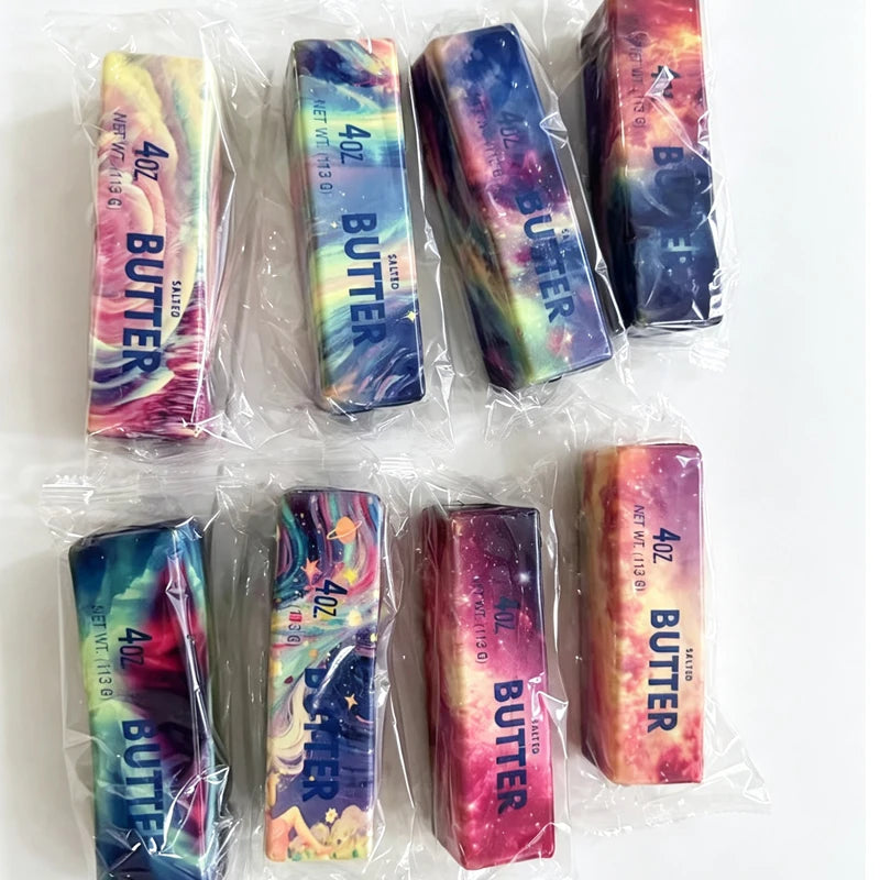Packaged rainbow butter-stick squishy fidget toys, starry sky design, assorted colors