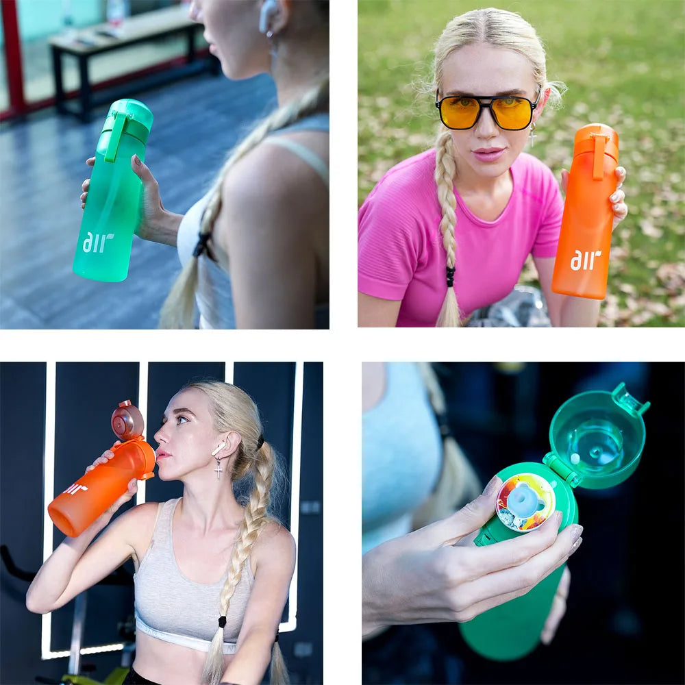 Turquoise and orange portable air water bottles with straw lids for infused drinks