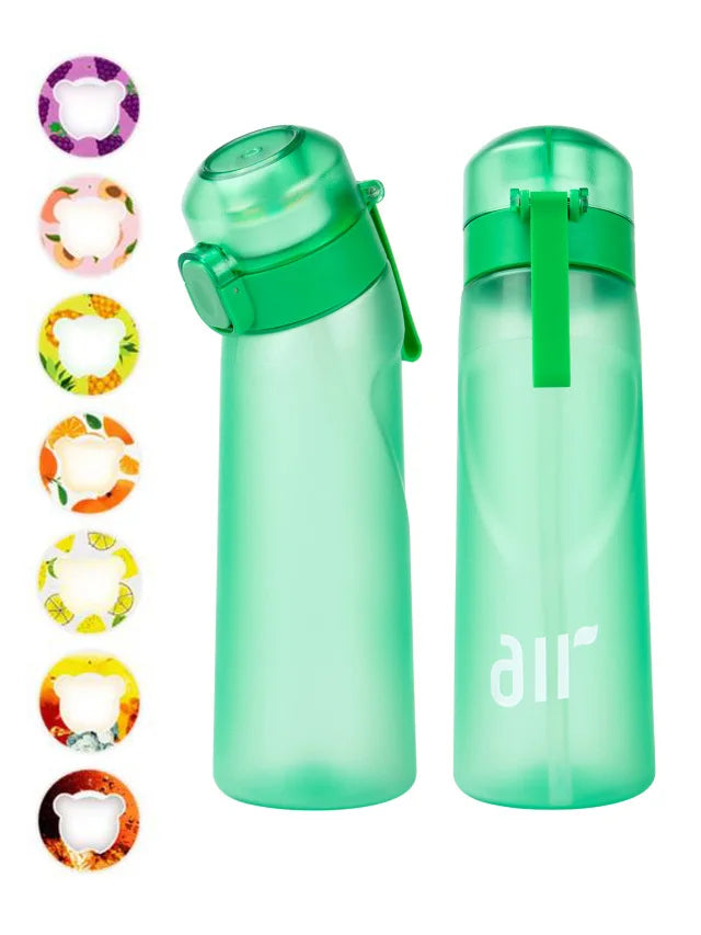 Leak-proof air water bottle with straw, transparent green finish, flip-top lid
