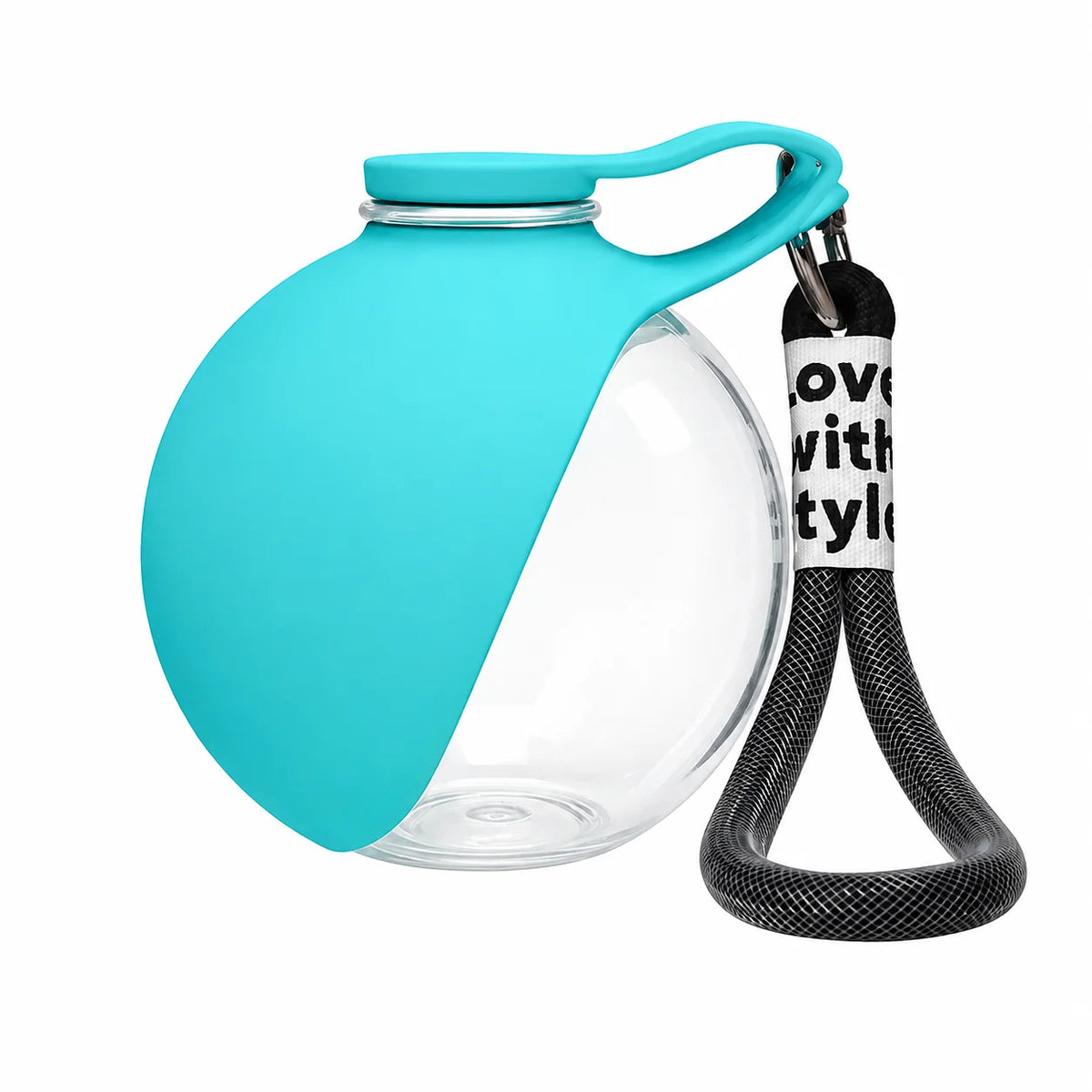 Blue portable pet water bottle with clear cup and carrying strap for travel