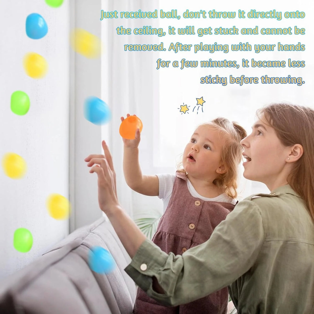 Sticky glow stress balls, kids holding an orange ball while others stick on a surface