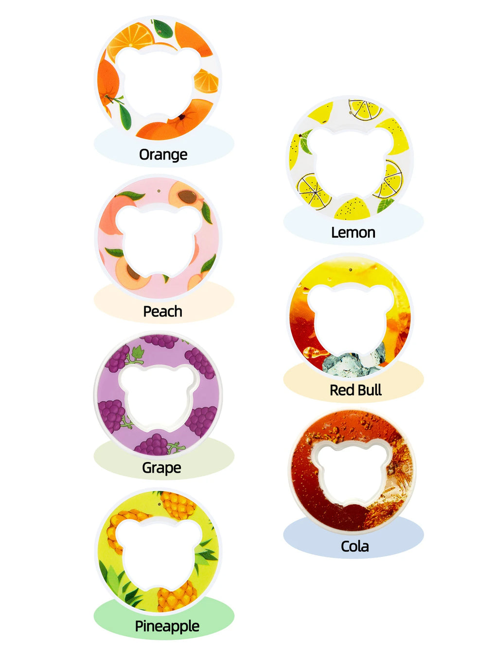 Six bear-shaped fruit flavor pod caps labeled by flavor: Orange, Lemon, Peach, Grape, Pineapple, Cola