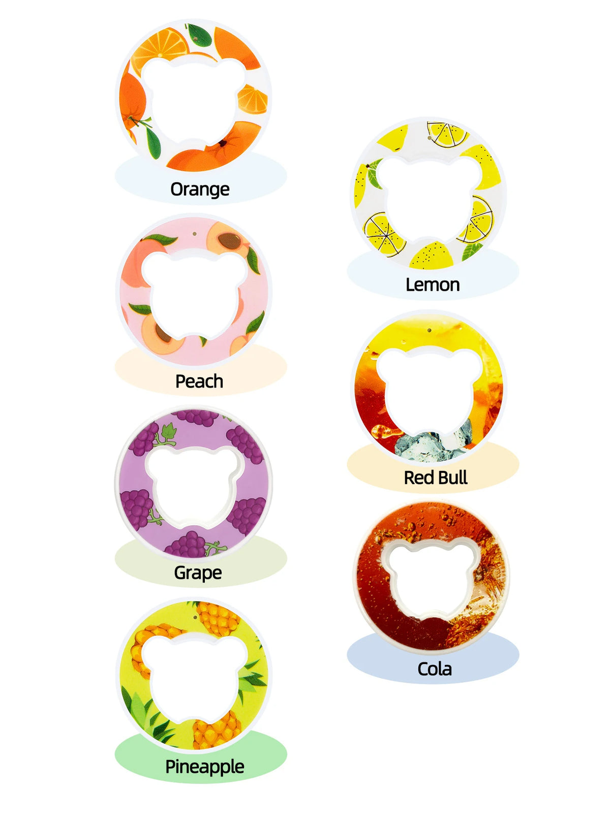 Six bear-shaped fruit flavor pod caps labeled by flavor: Orange, Lemon, Peach, Grape, Pineapple, Cola