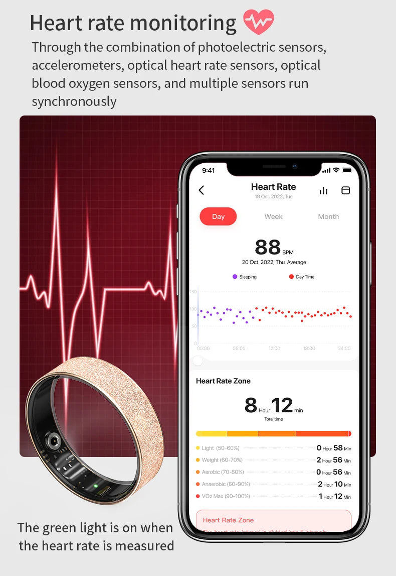 Rose-gold smart health tracker ring with green light window, shown with heart-rate app