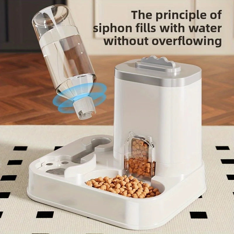 Automatic pet feeder and water dispenser with water tube and kibble in storage