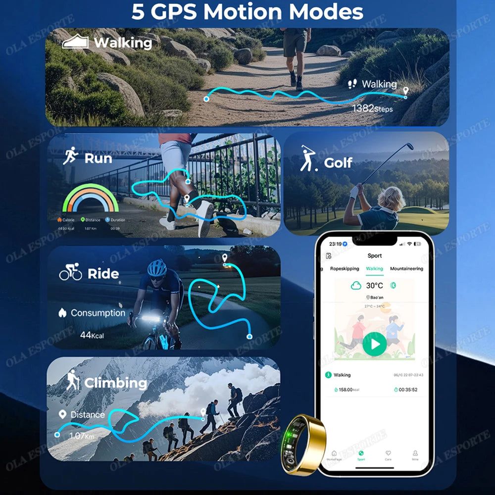 Smart health ring GPS motion mode screens on smartphone with glowing ring sensor