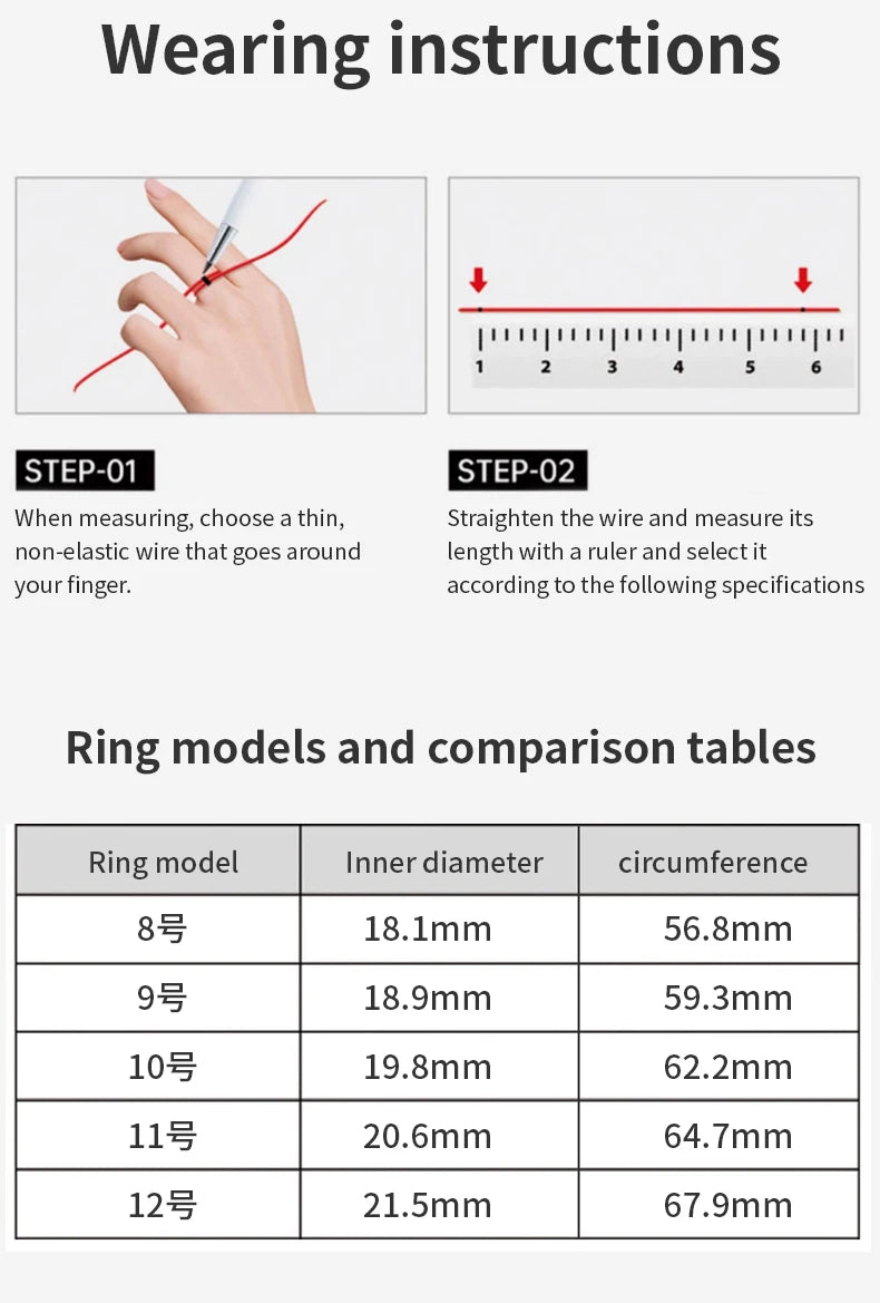 Health tracker ring wearing instructions with sizing steps and ring size comparison table