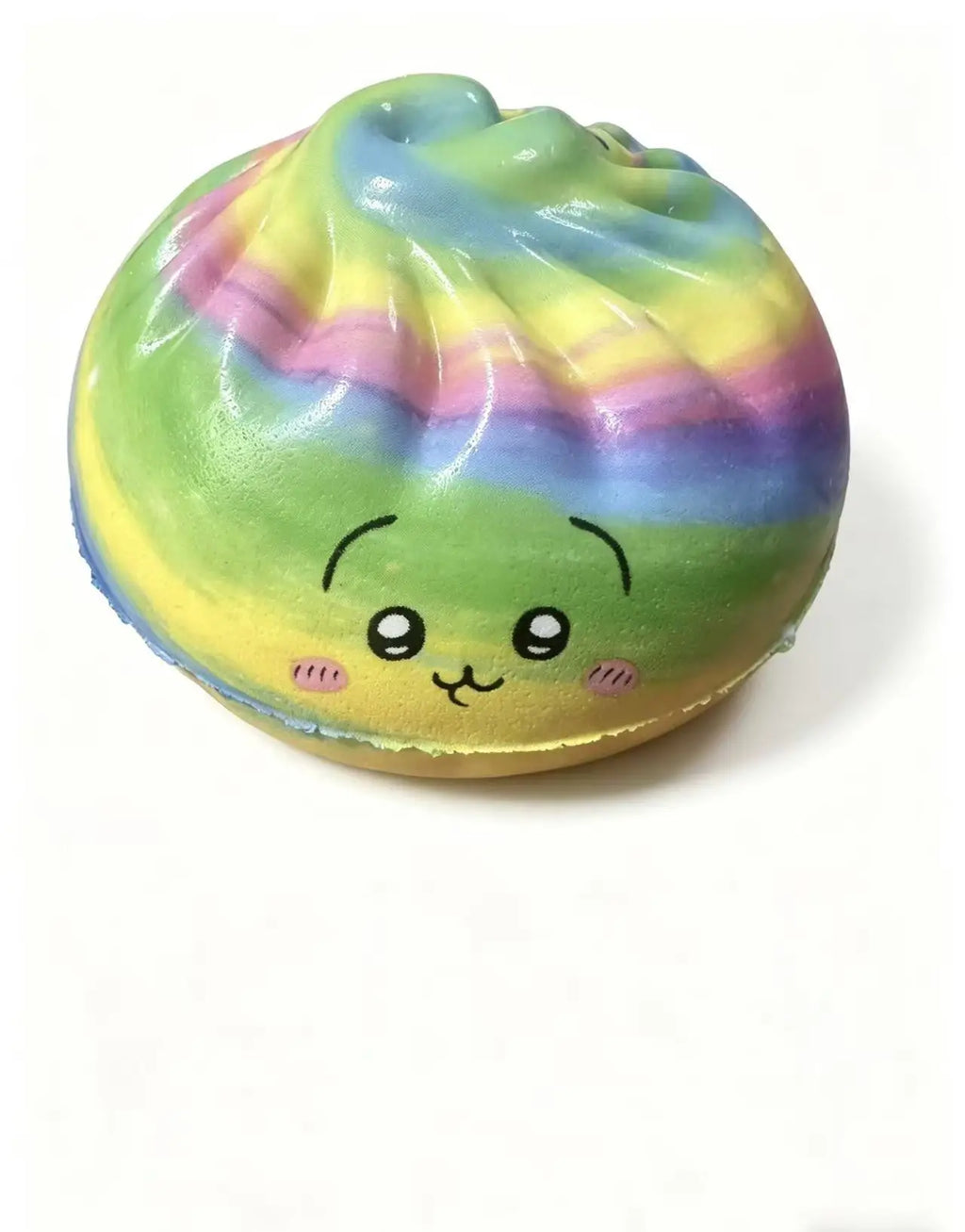Colorful dumpling squishy toy with cute face and wavy rainbow top