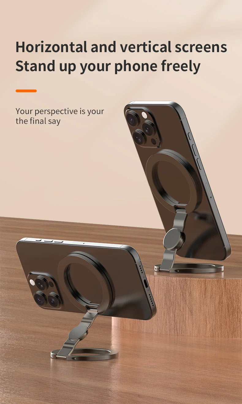 Adjustable magnetic phone stand holding a smartphone vertically or horizontally