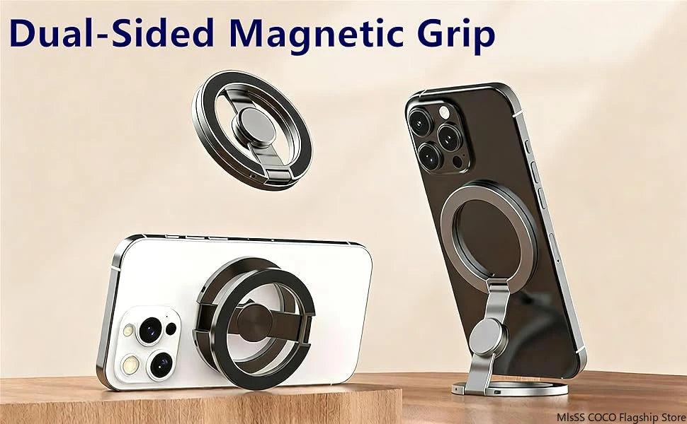 Dual-sided magnetic phone holder with rotating ring grip on a phone
