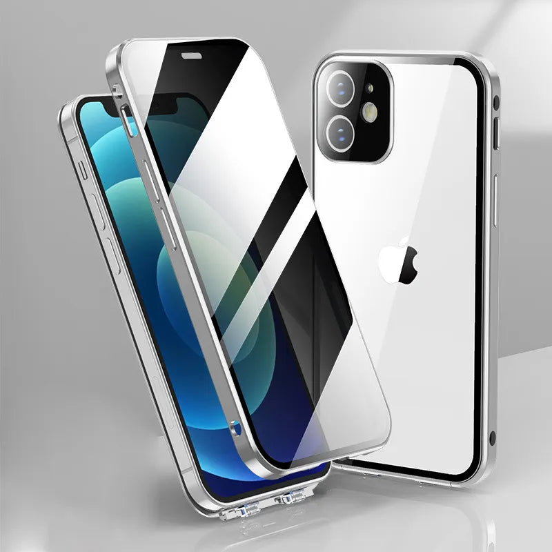 Privacy screen for iPhone: clear film with black privacy stripes on blue device