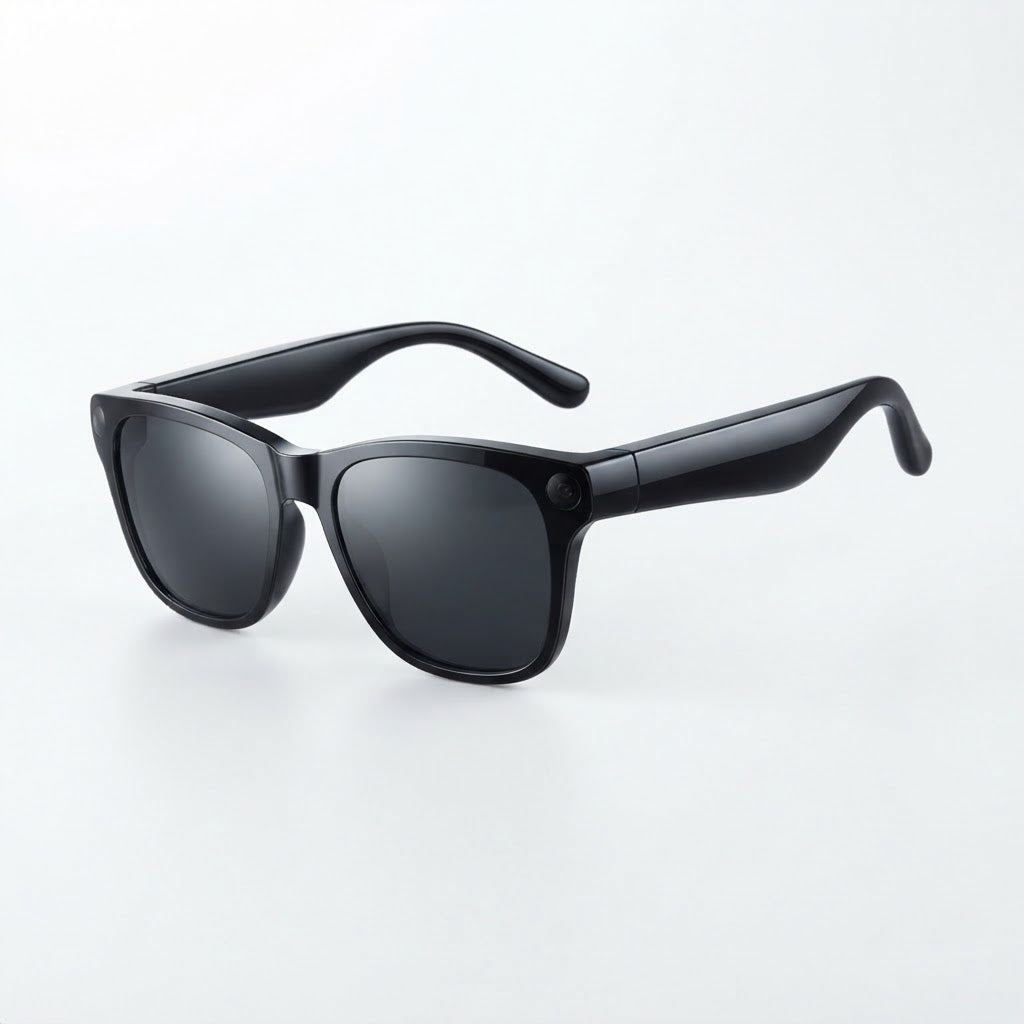 OPPO Smart AI glasses with black frame and dark tinted lenses, rounded oversized shape