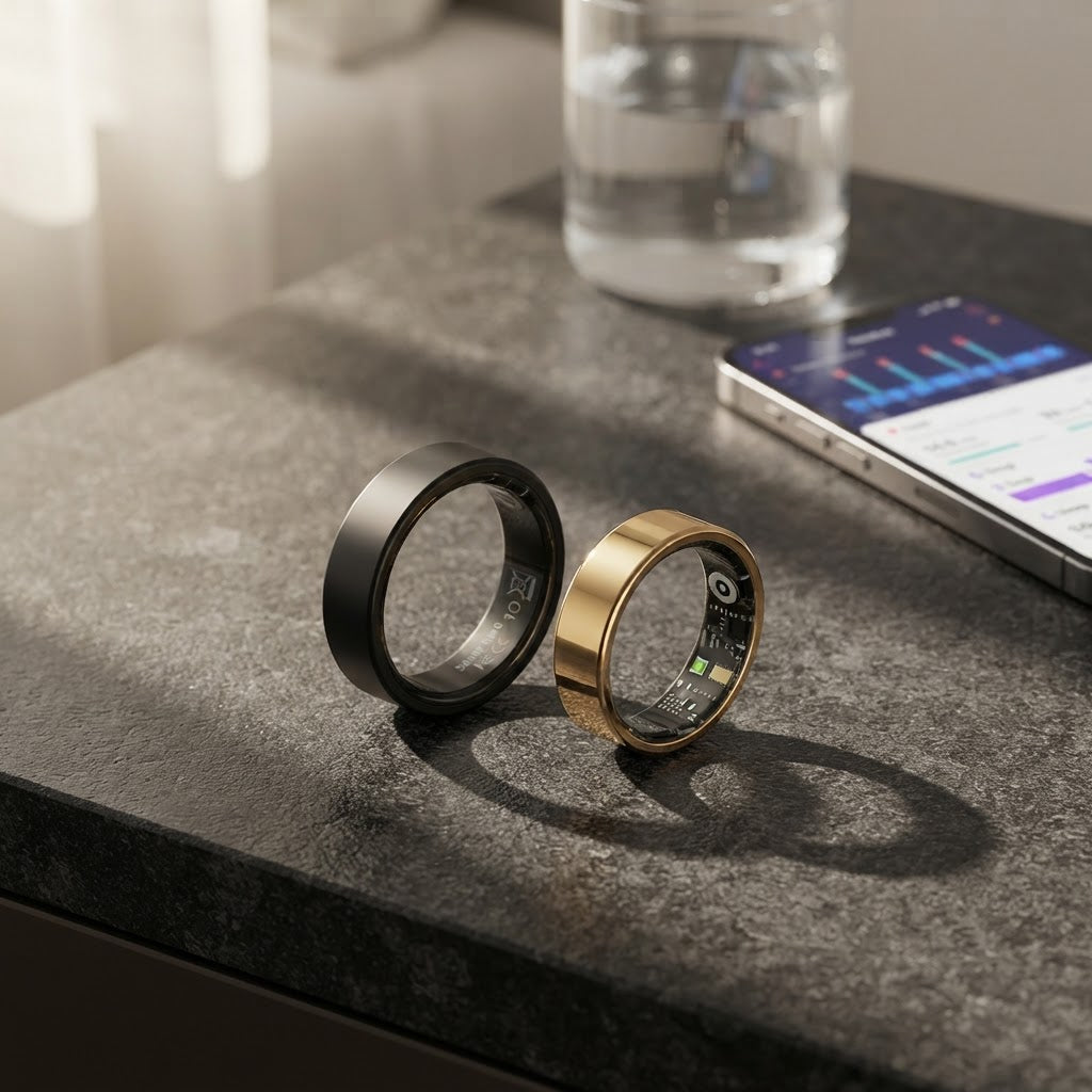 Black and gold smart health rings resting on a countertop with sensor windows visible