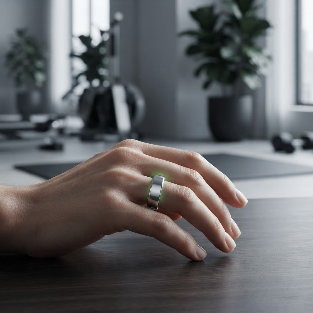 Silver-tone smart ring on hand resting on a table