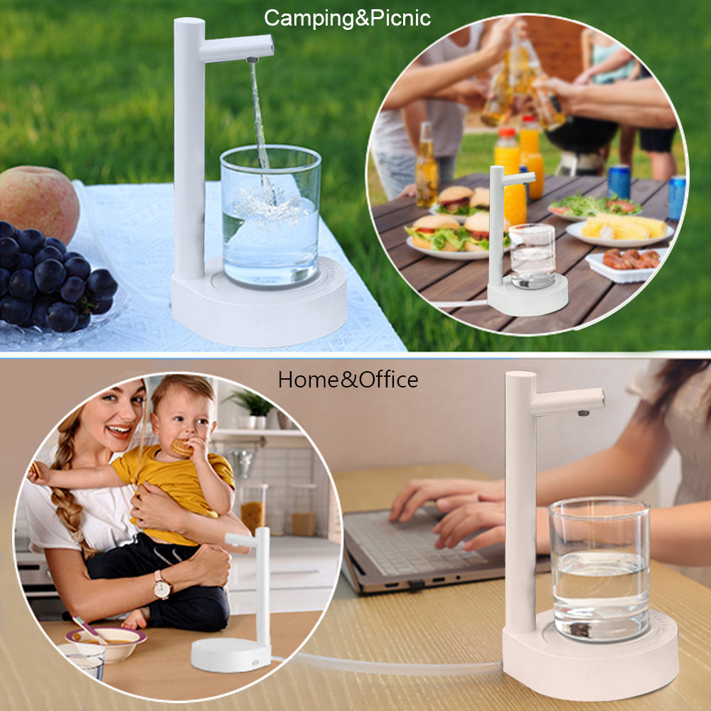 White desktop water dispenser with spout and clear cup filling with water