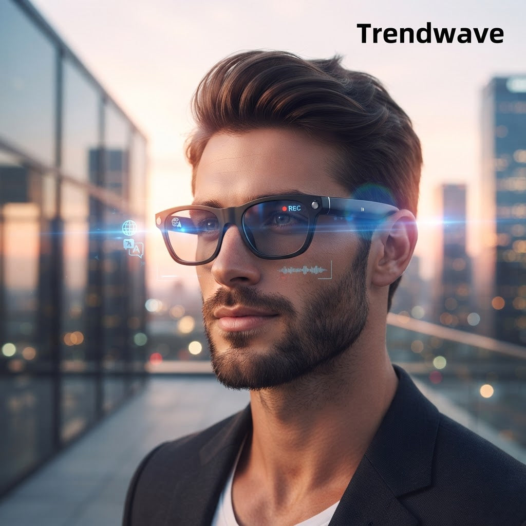 Smart glasses close-up with dark frame and multi-lens camera bar
