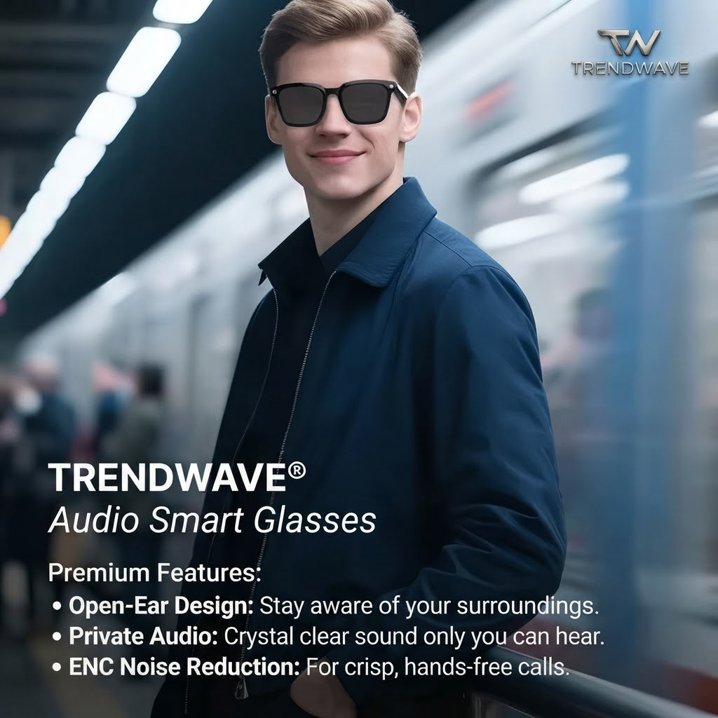 Smart glasses with large dark lenses and multi-lens camera bar