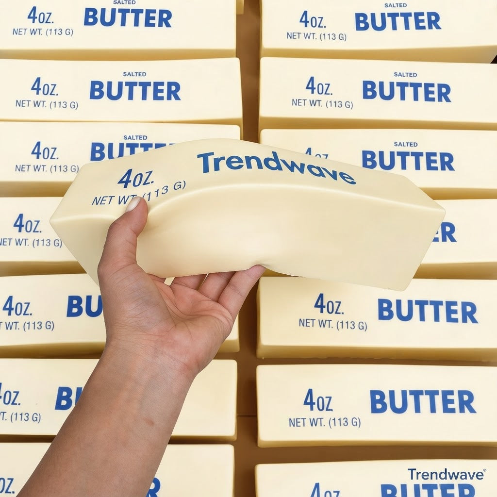 Butter-stick squishy stress toy, 4 oz, held in front of stacked butter boxes